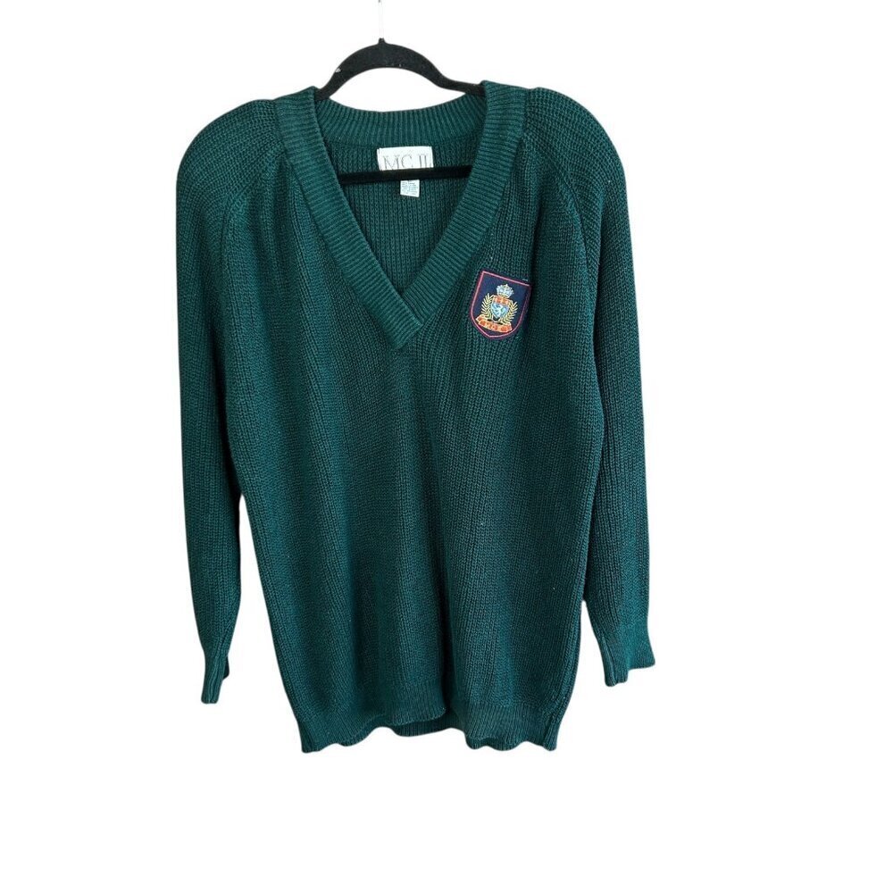 MC II Sweater Vintage 80s 90s Green Crest Logo V Neck Ribbed Knit Size Large